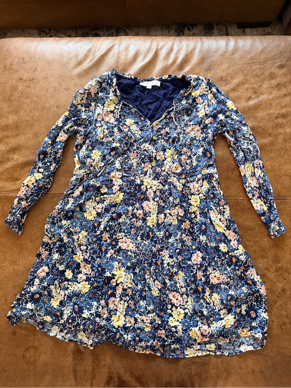 LOFT Navy Floral Long-Sleeve Dress Petite